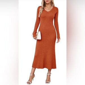 Rust Orange Ribbed Sweater Dress V-Neck Long Sleeve Midi